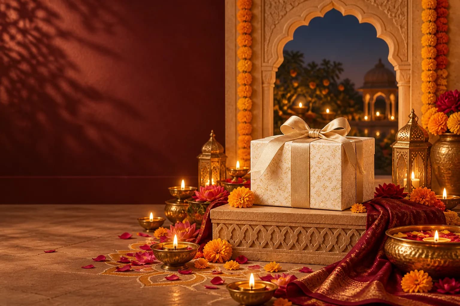 Indian Diwali corporate gifting with a wrapped gift, marigolds, diyas and festive arch