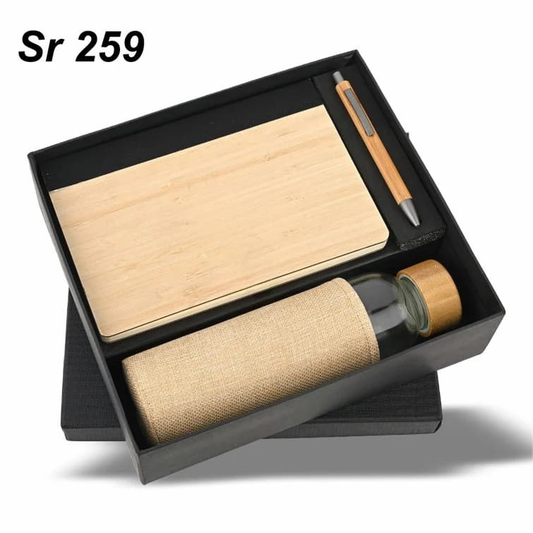 Wooden Diary, Pen & Glass Bottle with Jute Cover