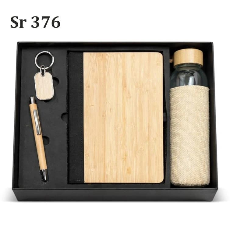 Bamboo Diary, Pen, Keychain & Glass Bottle with Jute Cover